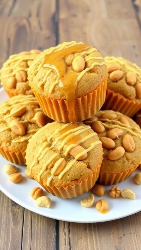 A plate of golden brown peanut butter muffins with honey drizzle and peanuts, on a rustic wooden table.